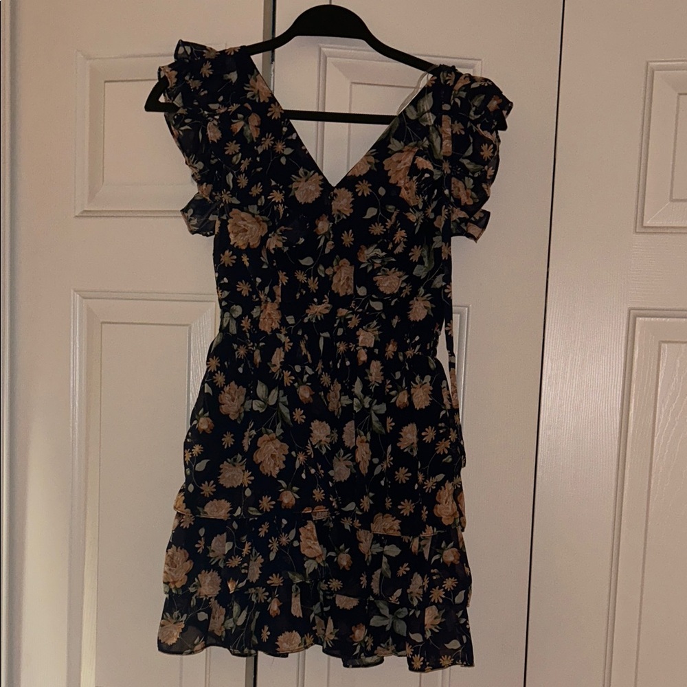 Altar'd State Floral Ruffle Dress - Navy and Beige